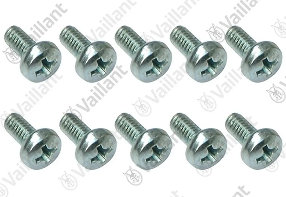 Zehn Schrauben von Vaillant in einem Bild angeordnet, mit zylindrischen Köpfen und Kreuzschlitz-Antrieb, aus Metall gefertigt.